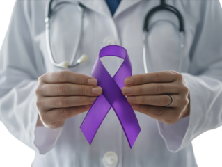 Healthcare professional holding a purple awareness ribbon, symbolizing support and awareness, white background. PNG transparent.