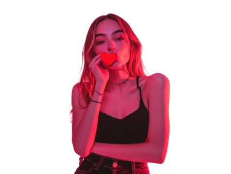 Young woman blowing a kiss towards a red heart, standing on a pink background.   PNG transparent. - Powered by Adobe