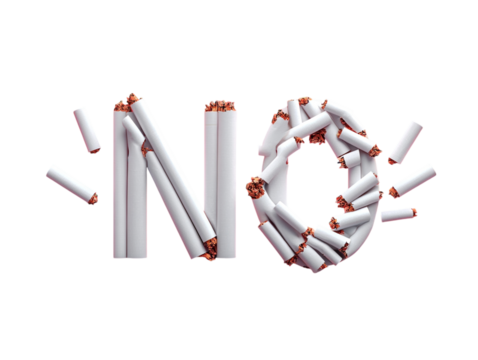 The word “NO” spelled out using broken cigarettes on a red background. PNG transparent.