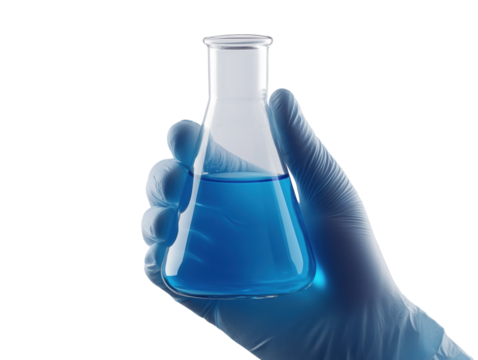 Gloved hand holding a laboratory flask containing blue liquid, symbolizing scientific research, white background.   PNG transparent.