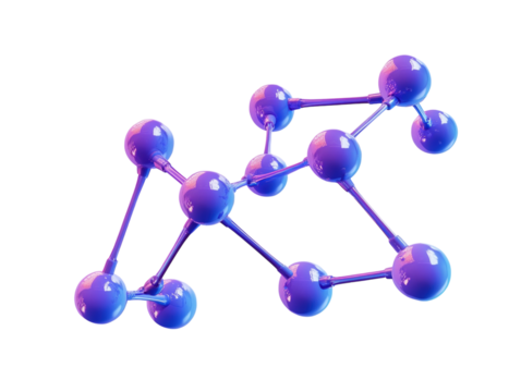 Purple 3D representation of a protein molecule against a blue background, scientific illustration.   PNG transparent.