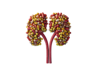Pills arranged to form the shape of kidneys on a blue background.   PNG transparent.