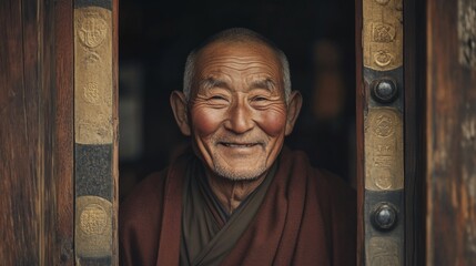 Naklejka premium Portrait of an elderly Tibetan monk with a warm, gentle smile, deep wrinkles marking his face as he stands in the doorway of a centuries-old monastery