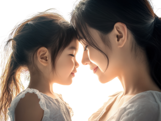 A tender moment between a mother and daughter touching noses, close and loving, white background.   PNG transparent.
