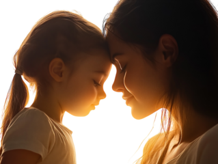 A tender moment between a mother and daughter touching noses, close and loving, white background.   PNG transparent.