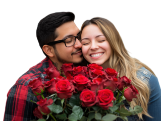Man kissing a woman on the cheek while she holds a bouquet of red roses, romantic setting.   PNG transparent.