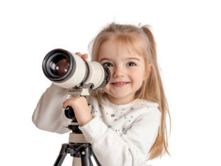 Young girl looking through a telescope, exploring and curious, white background.   PNG transparent.