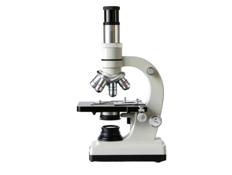 Classic laboratory microscope with a white background, detailed and scientific.   PNG transparent.