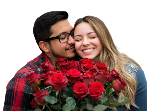 Man kissing a woman on the cheek while she holds a bouquet of red roses, romantic setting.   PNG transparent.