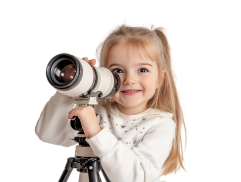Young girl looking through a telescope, exploring and curious, white background.   PNG transparent.