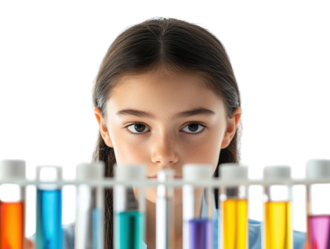Girl conducting a science experiment with colorful liquids in test tubes, white background.   PNG transparent.