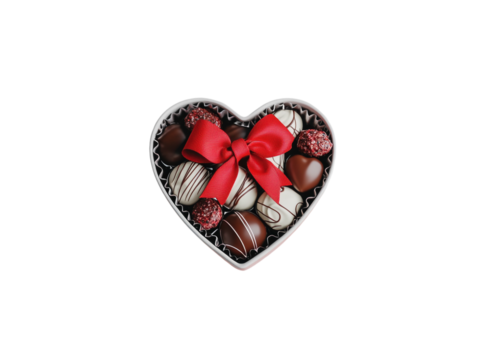 Heart-shaped box filled with assorted chocolates, decorated with a red bow, white background.   PNG transparent.