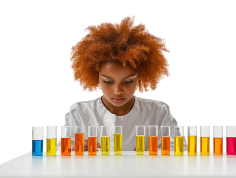 Girl conducting a science experiment with colorful liquids in test tubes, white background.   PNG transparent.