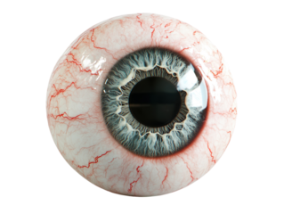Realistic model of a human eye with vivid colors and detailed veins, white background.   PNG transparent.