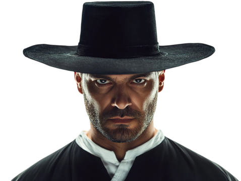 Man wearing a black hat and traditional sidelocks, with a quirky facial expression, white background.   PNG transparent.