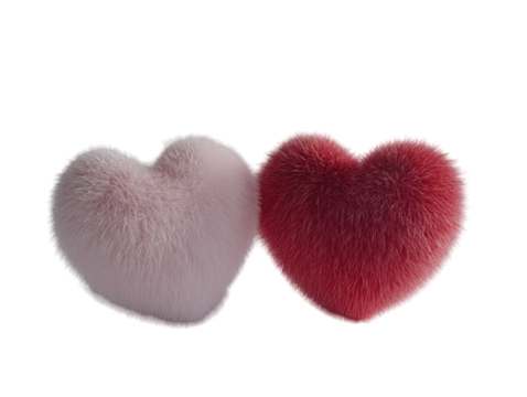Two plush hearts, one pink and one red, soft and fluffy on a white background.   PNG transparent.