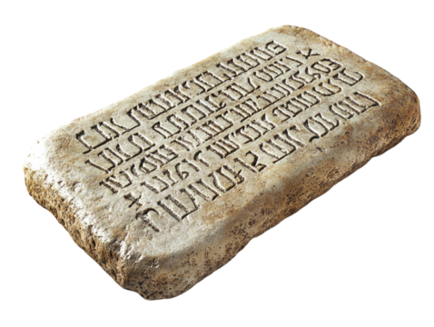 Stone tablets with Hebrew inscriptions representing the Ten Commandments, white background.   PNG transparent.