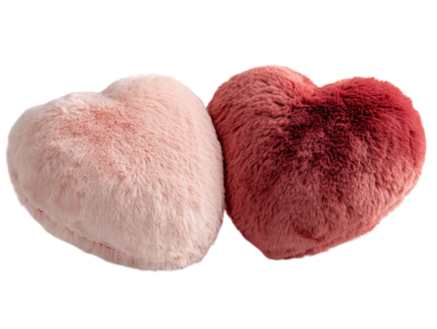 Two plush hearts, one pink and one red, soft and fluffy on a white background.   PNG transparent.