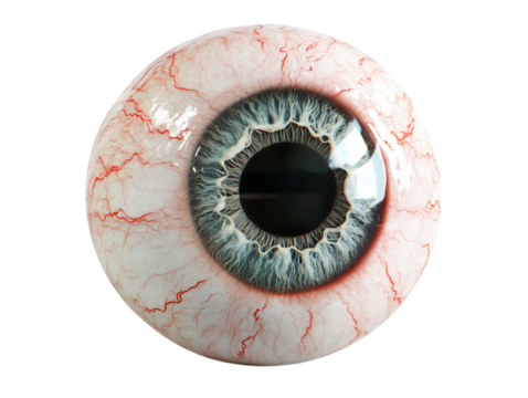 Realistic model of a human eye with vivid colors and detailed veins, white background.   PNG transparent.