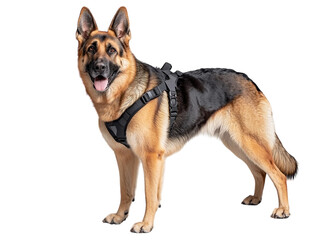 German shepherd dog wearing a harness, standing alert on a light background.   PNG transparent.