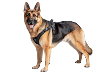 German shepherd dog wearing a harness, standing alert on a light background.   PNG transparent.