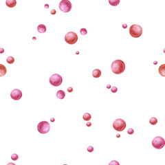 Pink balls, pearls. Seamless abstract pattern on a white background painted with watercolors. For design, textile, fabric, packaging, scrapbooking