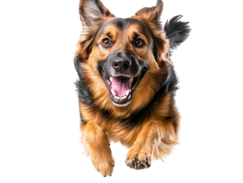 Energetic German shepherd dog running towards the camera, joyful expression.   PNG transparent.