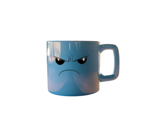 Light blue mug with a sad face design and steam coming out.   PNG transparent.