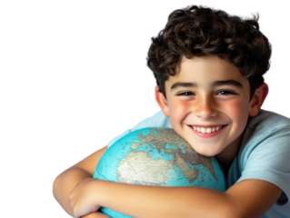 Smiling boy hugging a globe on a blue background.   PNG transparent.