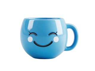 Blue mug with a smiling face design on a white background.   PNG transparent.
