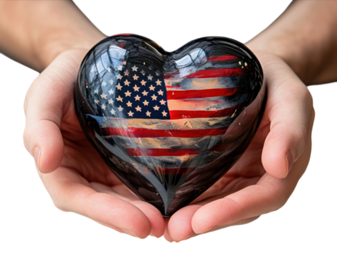 Heart-shaped object painted with the American flag held in hands.   PNG transparent.