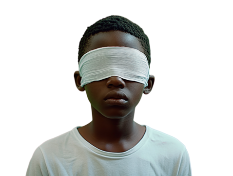 Man with a blindfold over his eyes standing against a green background.   PNG transparent.