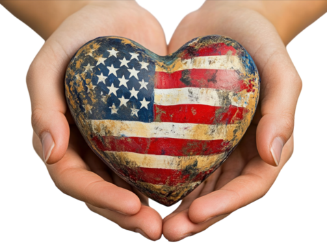Heart-shaped object painted with the American flag held in hands.   PNG transparent.