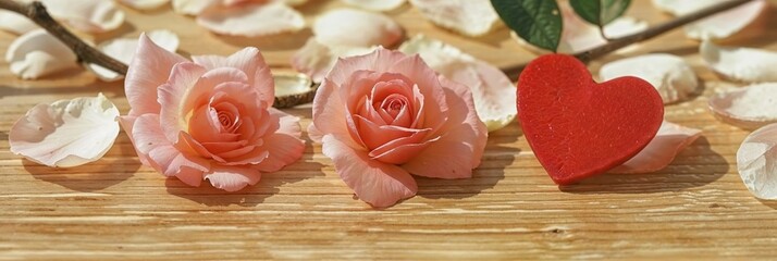 Fototapeta premium Romantic pink roses and heart on wooden surface with petals