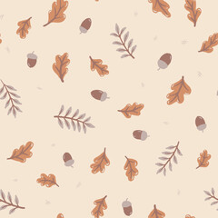 Seamless vector pattern with acorns and autumn oak leaves in Cream white, Beige, Brown © Kateryna