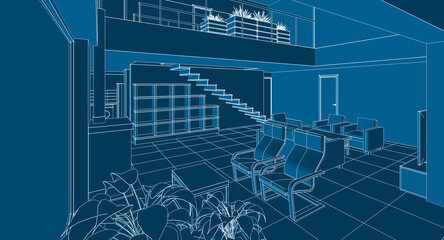 interior kitchen living room 3d illustration