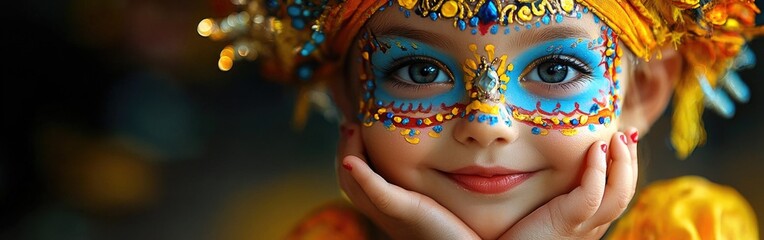 The child showcases colorful face makeup, radiating joy with a charming smile