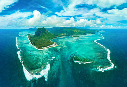 Aerial view: Le Morne Brabant mountain with beautiful lagoon and underwater waterfall illusion, Mauritius island