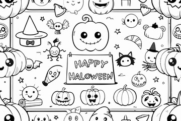 A set of black and white Halloween doodles highlighted on a white background, for coloring pages, prints, decoration of postcards and posters, stickers, sublimation, etc.