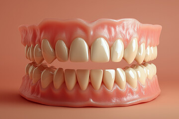 Obraz premium Minimalistic graphic of perfectly aligned prosthetic teeth in a soft white hue, symbolizing dental prosthetics and dentures.