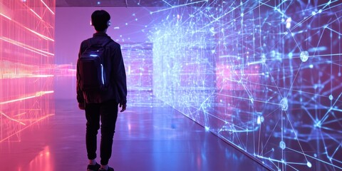 a man standing in front of a wall of digital data