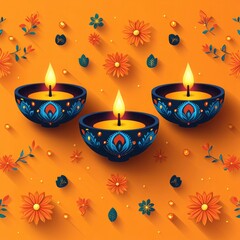Diwali Celebration: Vibrant Orange Background with Decorative Diya Oil Lamps for a Festive and Happy Design