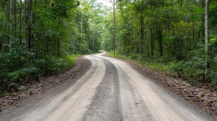 Naklejka premium The rugged trail meanders through the vibrant tropical rainforest, surrounded by thick vegetation and shadows from overhanging trees on a sunny day