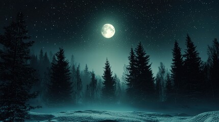 Fototapeta premium A dark, minimalistic scene showcasing a moonlit snowy landscape with tall pine trees and twinkling stars in the night sky. The serene, simple design evokes a peaceful and wintry atmosphere.