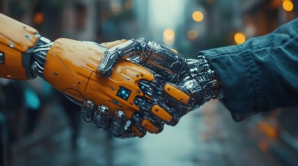  Robot hand shaking with a human: a symbol of future business cooperation. Combining artificial intelligence and human touch for technological evolution. 