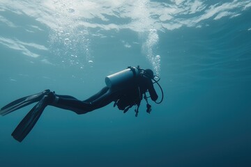 Underwater journey: diver descending, thrill of exploring beneath the surface, surrounded by coral reefs and aquatic life, adventure and tranquility of the diving experience