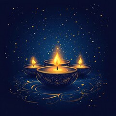 Golden Diwali Lamps on Dark Blue Background - Hand Drawn Vector Illustration