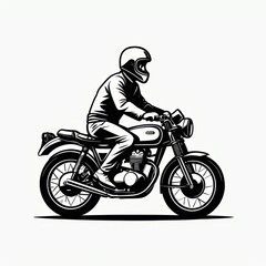 Naklejka premium A graphic illustration of a motorcyclist riding a classic motorcycle in a side view.