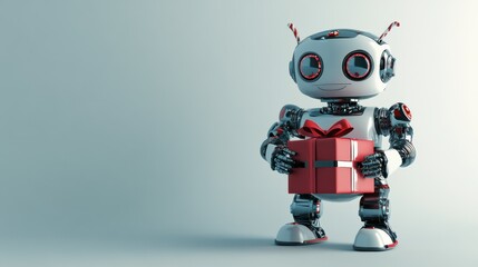 Cute robot holding a red gift box in a minimalist studio setting