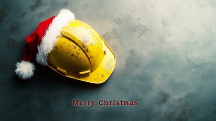 A minimalist hard hat with a Santa hat, spread holiday cheer with Merry Christmas printed below, suitable for construction workers